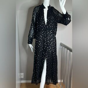 Zara Sz M Black Nylon Sheer Gold Polka Dot Lurex Front Button Lined - New w/tags